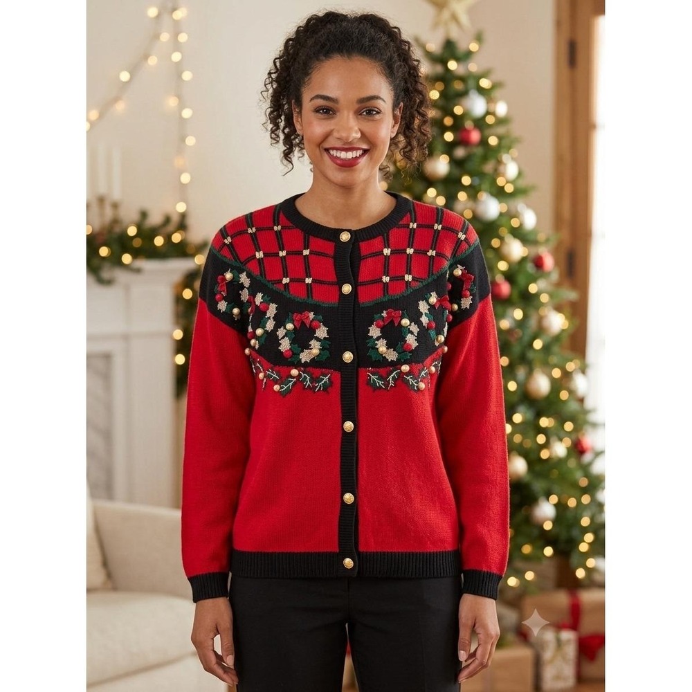 VTG Norton McNaughton Red Christmas Cardigan Sweater Embroidered Holly Large